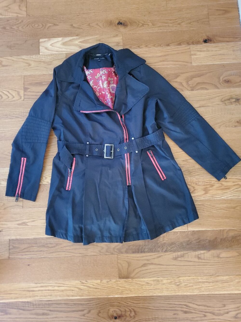 Black Rivet Size 1X Black & Hot Pink Belted Trench Coat